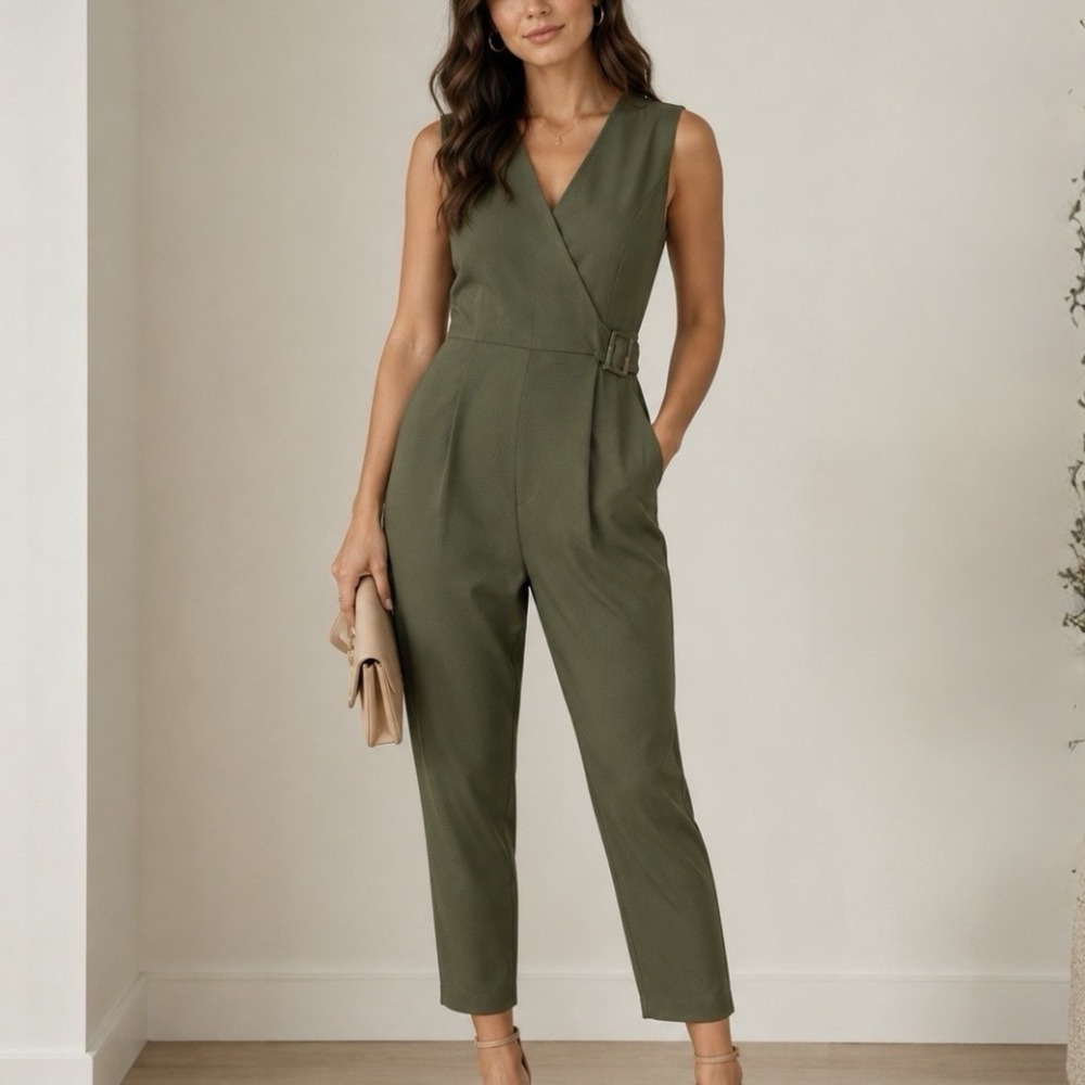 Calvin Klein Army Green Sleeveless V Neck Buckle Crop Pockets Jumpsuit Size 14
